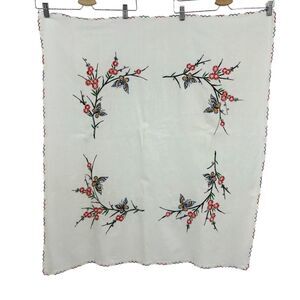 Vintage Tablecloth embroidered butterflies and flowers square 38 x 33 handmade